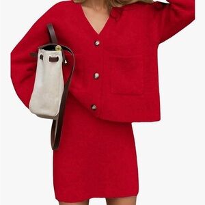 Red Button-Up Cardigan and Skirt Set
